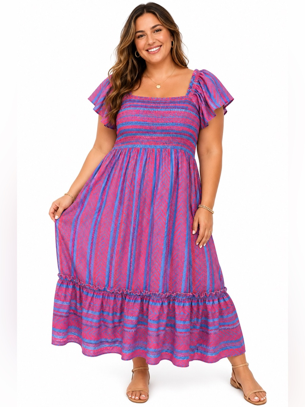NWT BloomChic Striped Smocked Maxi Dress in Pink and Purple